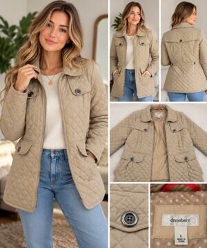 Dressbarn Women’s Large Beige Quilted Jacket Lightweight Zip Utility Barn Coat